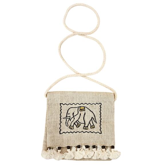 Natural Jute Side Handbag Light Brown Embroidered Elephant Tan - Picture 1 of 6